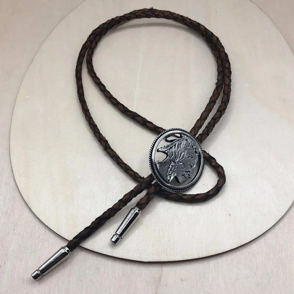 Vintage Native American Indian Chief Coin Like Leather Bolo Tie Necklace